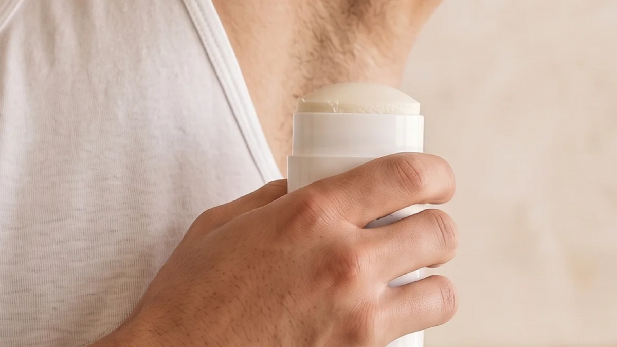 Man applying a natural deodorant stick to his underarm.