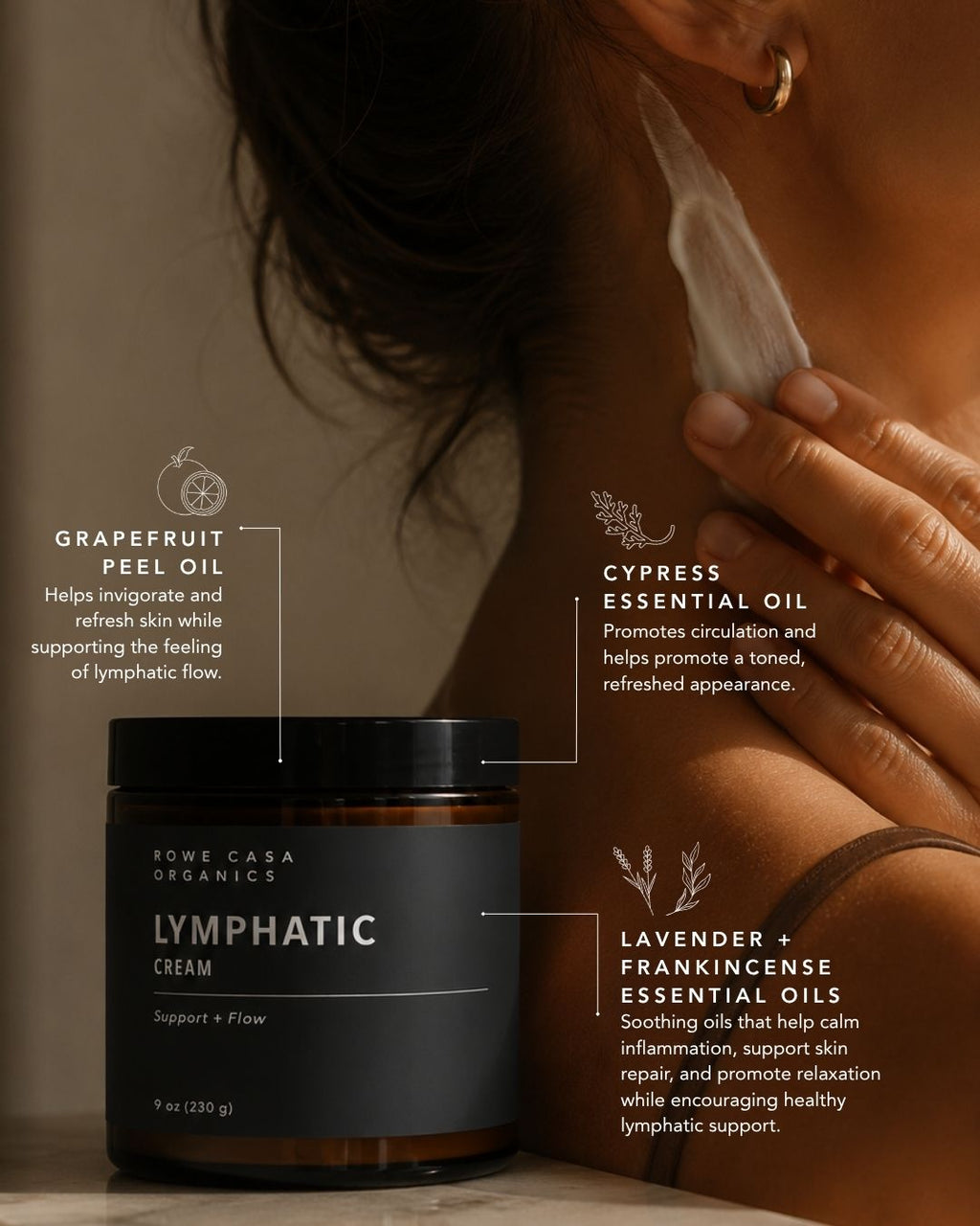 Daily lymphatic massage with Lymphatic Massage Cream and grapefruit, cypress, lavender, and frankincense essential oils.