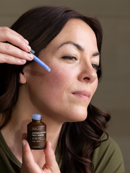 Daily application of Copper Peptide Face Serum to help improve the appearance of fine lines, wrinkles, and aging skin.