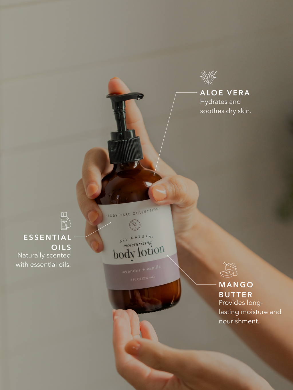 Aloe vera, mango butter, and essential oils in a natural body lotion for dry skin.