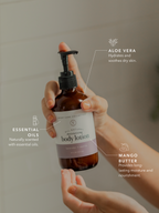 Aloe vera, mango butter, and essential oils in a natural body lotion for dry skin.