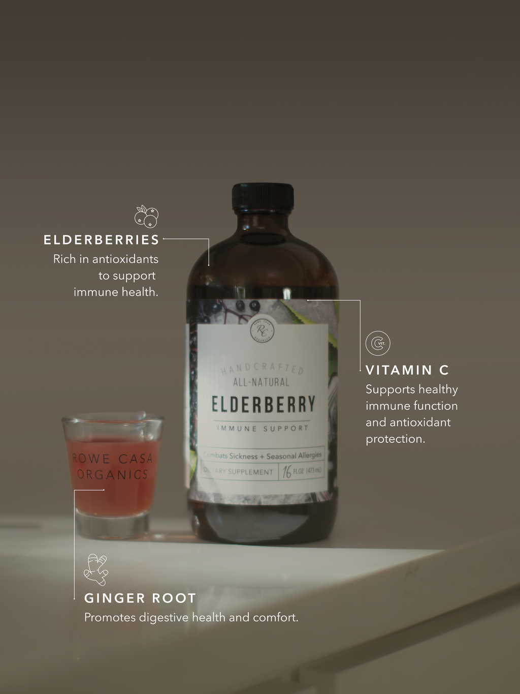 Elderberry, vitamin C, and ginger root for immune support during cold and flu season.