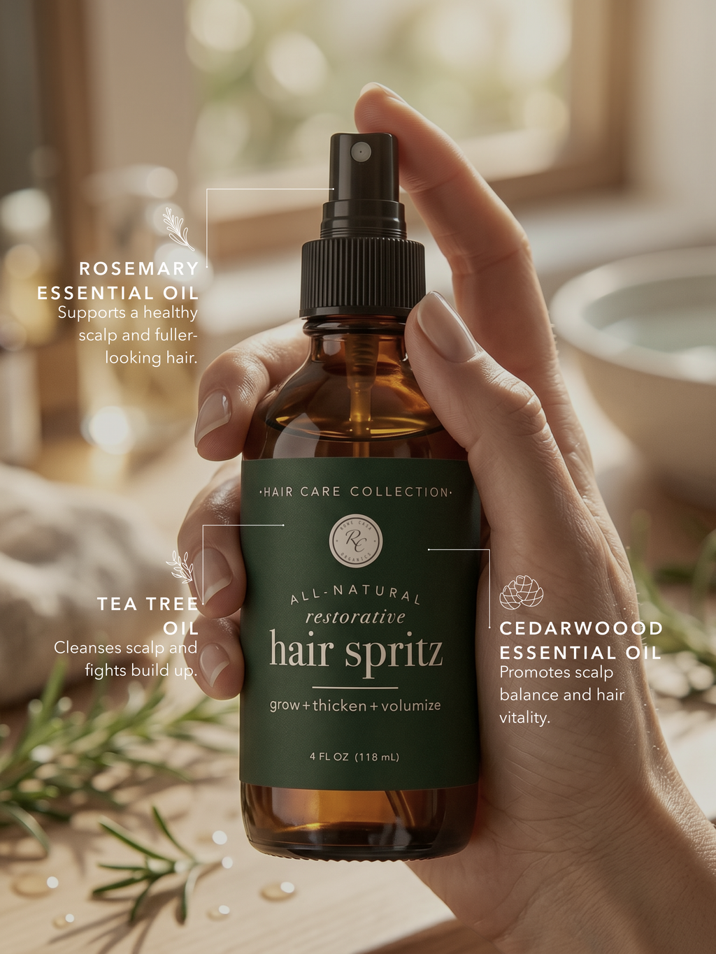 Hair Growth Spray with rosemary, tea tree, cedarwood, and lavender essential oils to complement your daily hair care routine for thinning hair and a healthy scalp.
