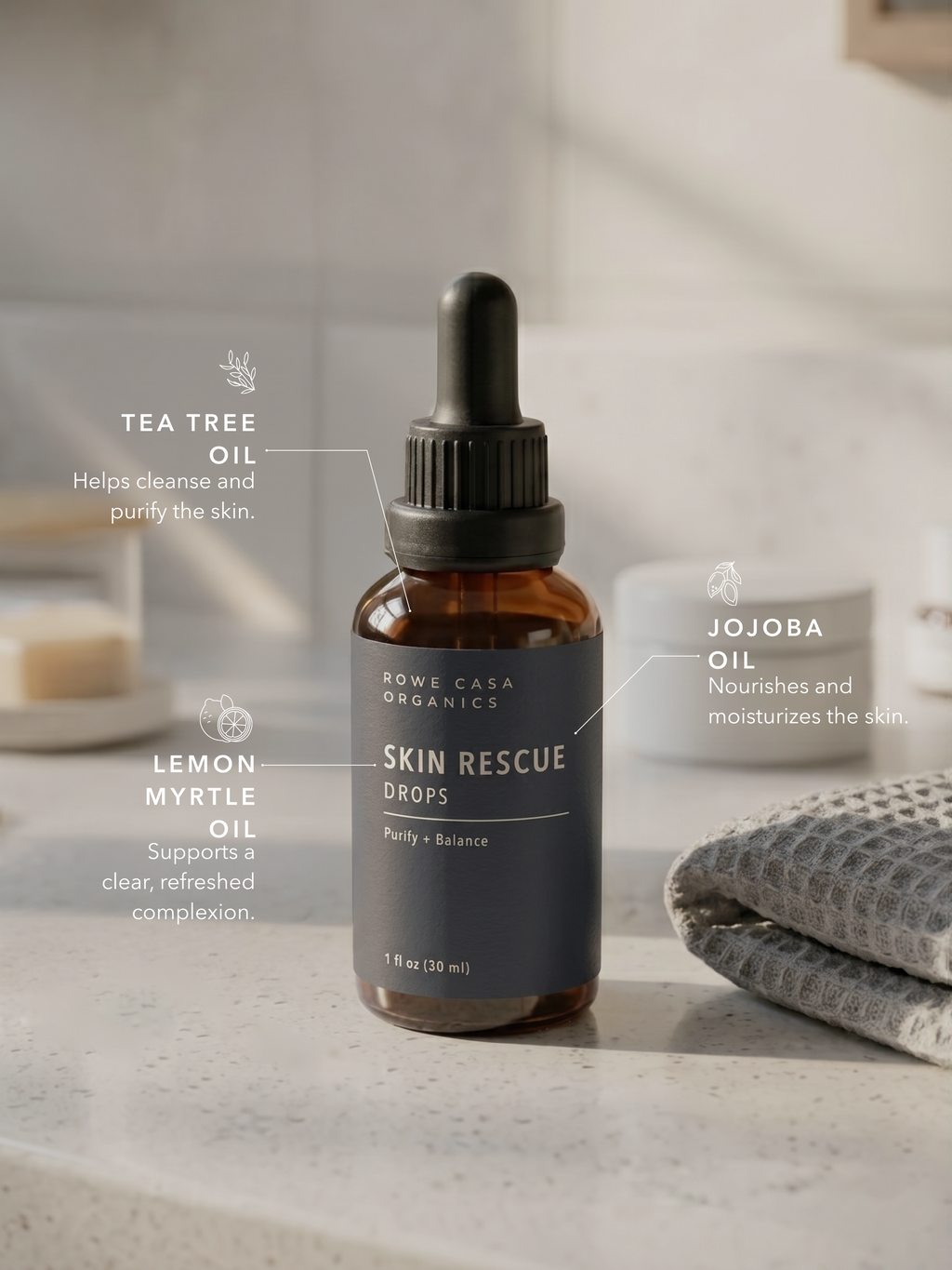 Tea tree oil, lemon myrtle oil, and jojoba oil in Skin Rescue Drops for blemishes and clear skin