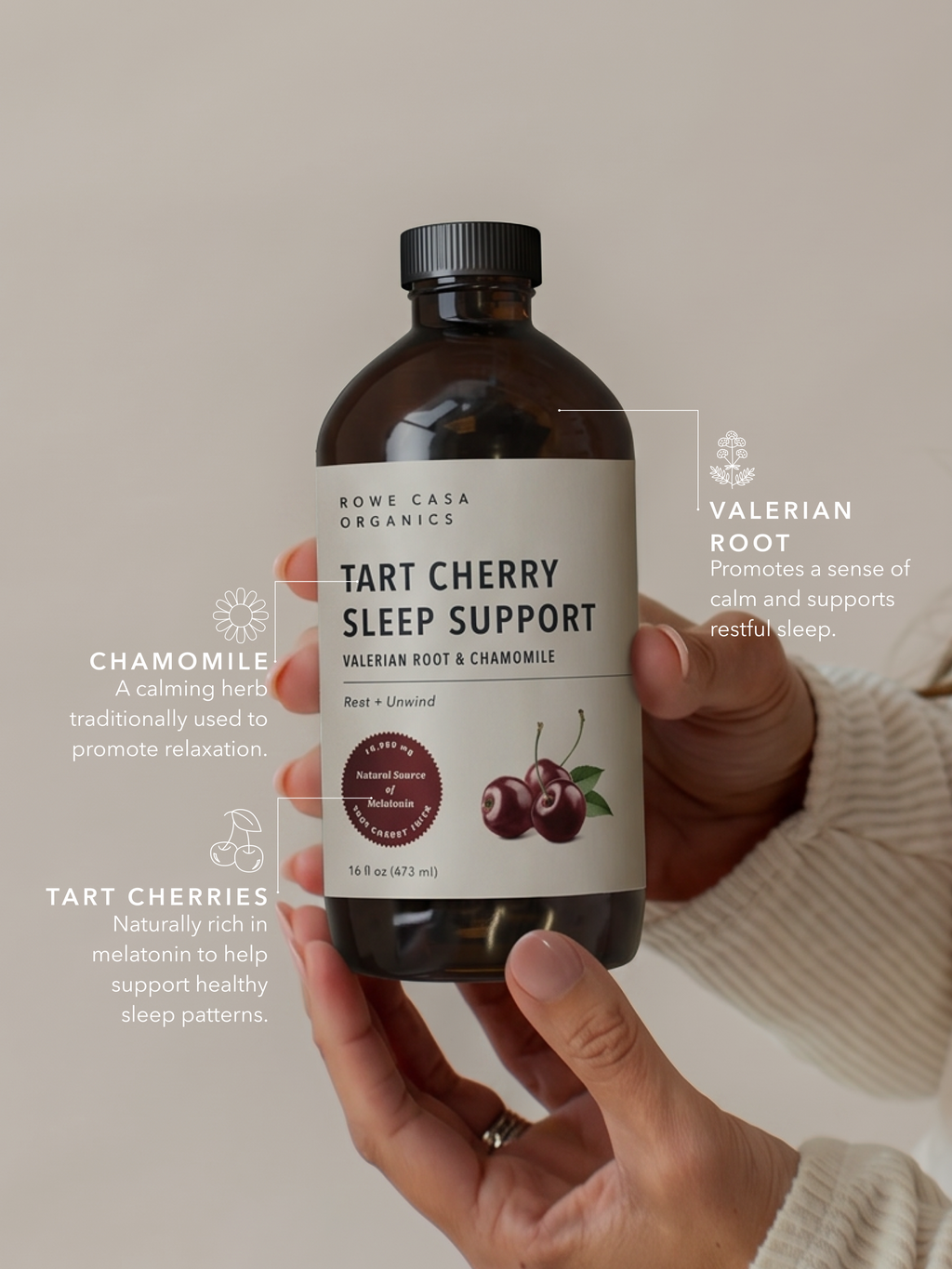 Supplement Facts for Tart Cherry Sleep Support, including serving size, organic tart cherries, vitamin C, chamomile extract, valerian root, and other ingredients.