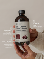 Supplement Facts for Tart Cherry Sleep Support, including serving size, organic tart cherries, vitamin C, chamomile extract, valerian root, and other ingredients.