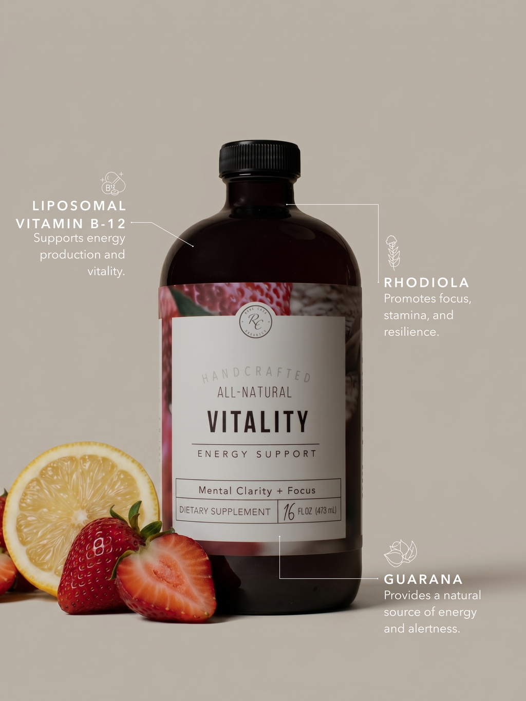 Energy supplement with Vitamin B12, Rhodiola, and guarana to support energy, focus, and mental clarity.