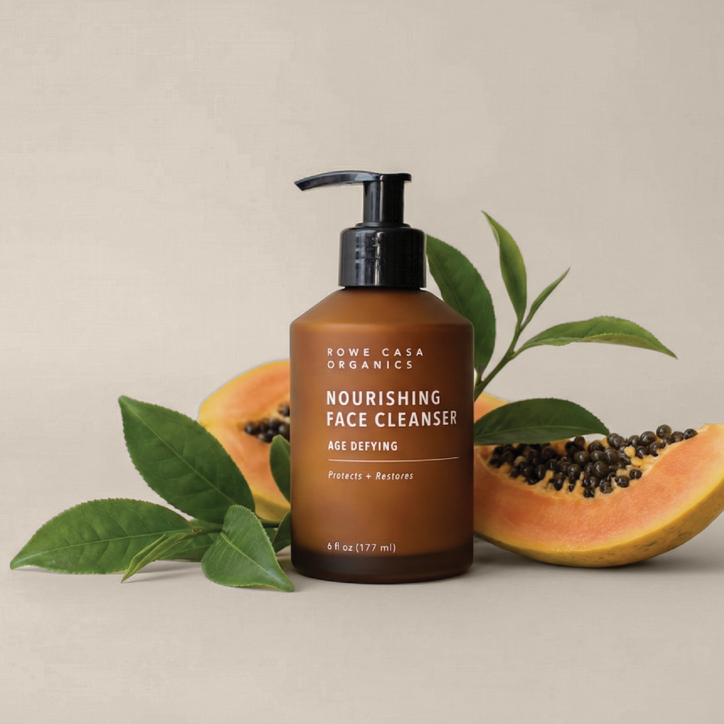 Gentle cream face cleanser with papaya seed oil and green tea seed oil for dry, sensitive, and mature skin.