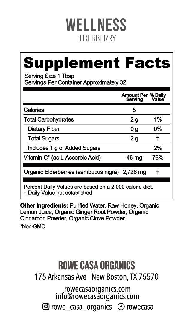 Supplement Facts for Elderberry Immune Support featuring organic elderberries, vitamin C, serving size, nutrition information, and ingredient list.