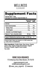 Supplement Facts for Elderberry Immune Support featuring organic elderberries, vitamin C, serving size, nutrition information, and ingredient list.