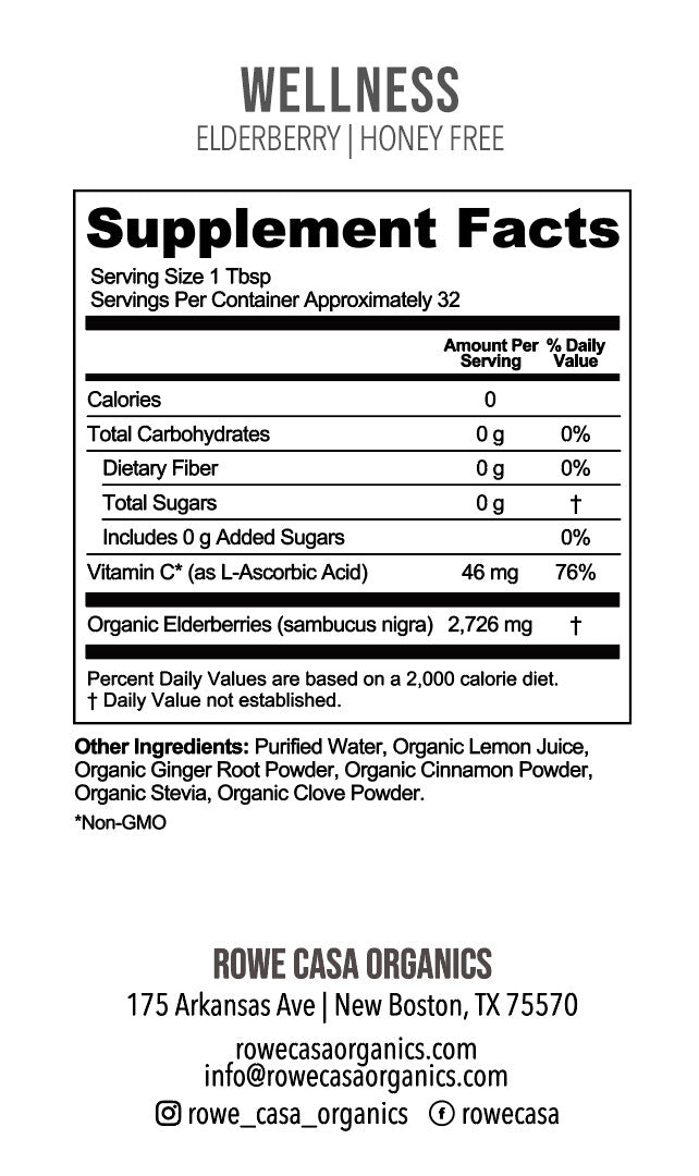 Supplement Facts for Honey-Free Elderberry Immune Support featuring vitamin C, organic elderberries, serving size, nutrition information, and ingredient list.