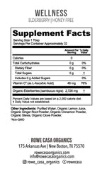 Supplement Facts for Honey-Free Elderberry Immune Support featuring vitamin C, organic elderberries, serving size, nutrition information, and ingredient list.