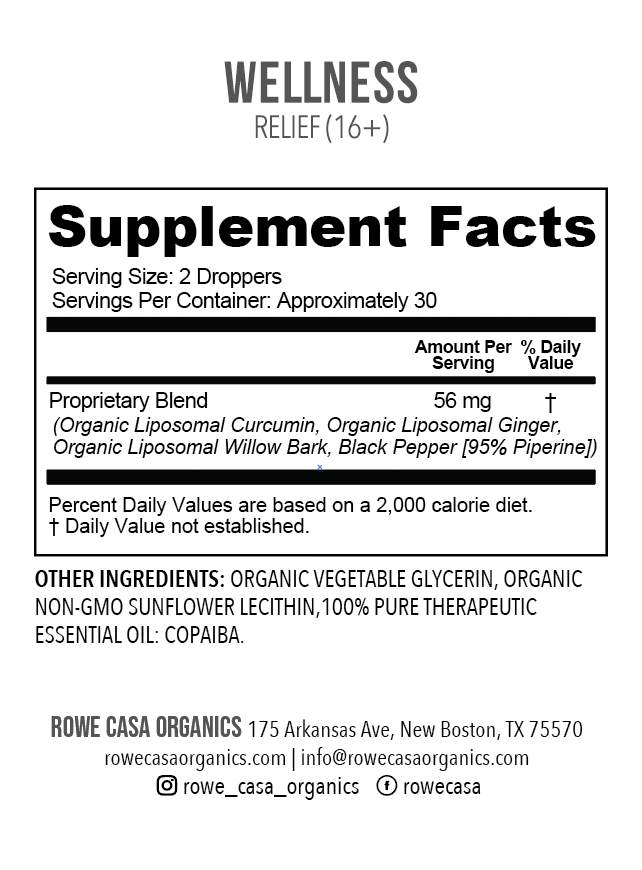 Supplement Facts for Relief dietary supplement featuring liposomal curcumin, ginger, willow bark, black pepper, copaiba essential oil, serving size, and ingredient information.