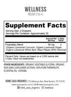 Supplement Facts for Relief dietary supplement featuring liposomal curcumin, ginger, willow bark, black pepper, copaiba essential oil, serving size, and ingredient information.